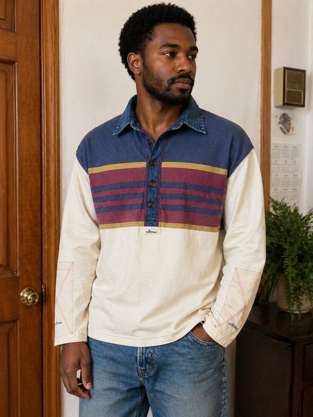 Vintage WilliWear Color-Block Rugby Shirt - Multi-Stripe & Denim Collar